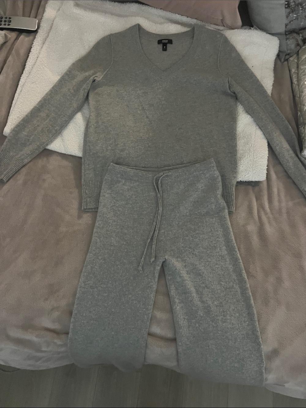 Aqua Gray V-Neck Sweater and Drawstring Lounge Pants Set